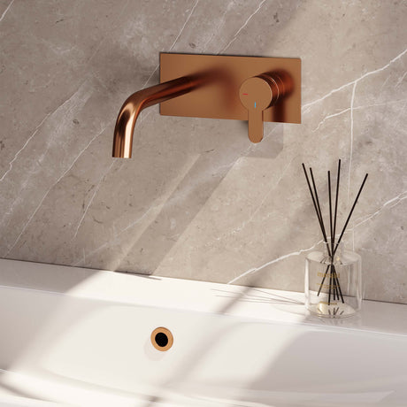 BRAUER Copper Edition inbouw wastafelmengkraan met gebogen uitloop en afdekplaat model D1 koper geborsteld PVD
