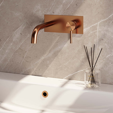 BRAUER Copper Carving inbouw wastafelmengkraan met gebogen uitloop en afdekplaat model A1 koper geborsteld PVD 5-GK-004-B6