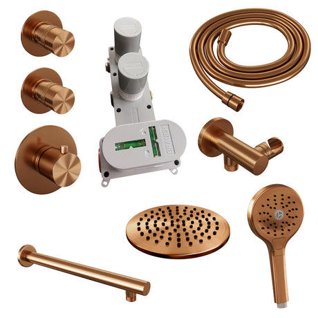 BRAUER Copper Edition thermostatische inbouw regendouche SET 07 met 20 cm douchekop en rechte muurarm en 3-standen handdouche en doucheslang en wandaansluitbocht koper geborsteld PVD