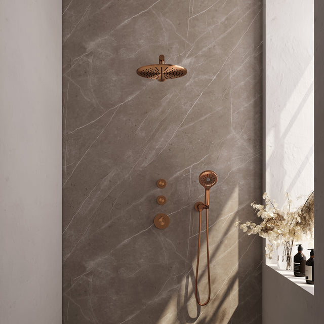 BRAUER Copper Edition thermostatische inbouw regendouche SET 08 met 30 cm douchekop en rechte muurarm en 3-standen handdouche en doucheslang en wandaansluitbocht koper geborsteld PVD