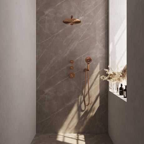 BRAUER Copper Edition thermostatische inbouw regendouche SET 08 met 30 cm douchekop en rechte muurarm en 3-standen handdouche en doucheslang en wandaansluitbocht koper geborsteld PVD