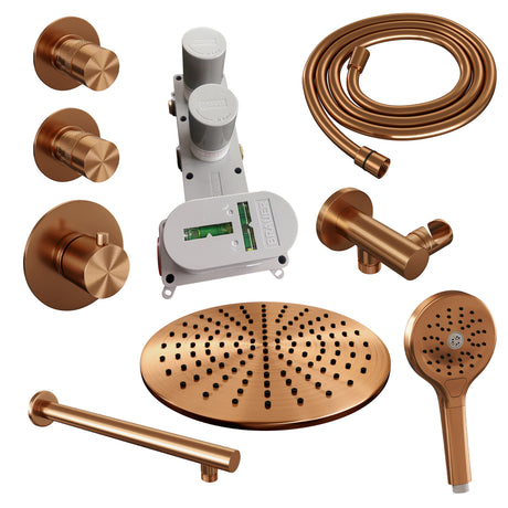 BRAUER Copper Edition thermostatische inbouw regendouche SET 08 met 30 cm douchekop en rechte muurarm en 3-standen handdouche en doucheslang en wandaansluitbocht koper geborsteld PVD