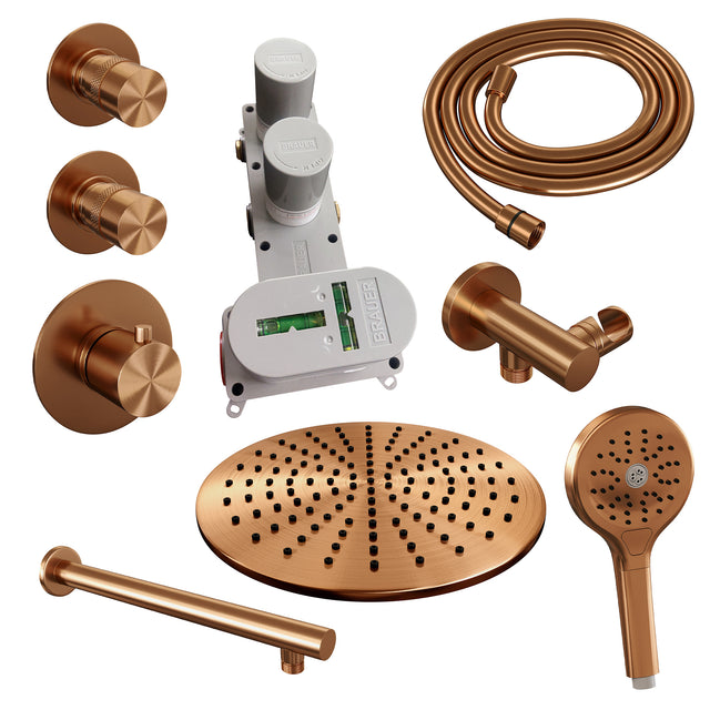 BRAUER Copper Edition thermostatische inbouw regendouche SET 08 met 30 cm douchekop en rechte muurarm en 3-standen handdouche en doucheslang en wandaansluitbocht koper geborsteld PVD