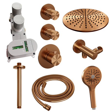 BRAUER Copper Edition thermostatische inbouw regendouche SET 12 met 30 cm douchekop en plafondarm en 3-standen handdouche en doucheslang en wandaansluitbocht koper geborsteld PVD