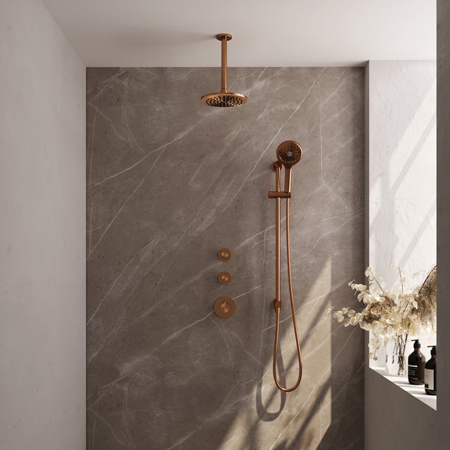 BRAUER Copper Edition thermostatische inbouw regendouche SET 23 met 20 cm douchekop en plafondarm en 3-standen handdouche en doucheslang en geïntegreerde glijstang koper geborsteld PVD