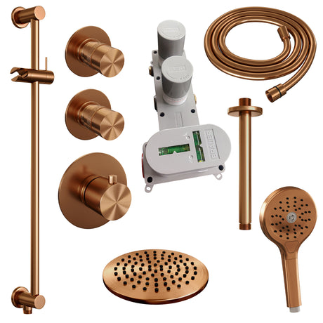 BRAUER Copper Edition thermostatische inbouw regendouche SET 23 met 20 cm douchekop en plafondarm en 3-standen handdouche en doucheslang en geïntegreerde glijstang koper geborsteld PVD
