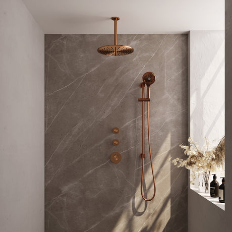 BRAUER Copper Edition thermostatische inbouw regendouche SET 24 met 30 cm douchekop en plafondarm en 3-standen handdouche en doucheslang en geïntegreerde glijstang koper geborsteld PVD