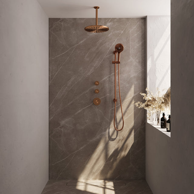 BRAUER Copper Edition thermostatische inbouw regendouche SET 24 met 30 cm douchekop en plafondarm en 3-standen handdouche en doucheslang en geïntegreerde glijstang koper geborsteld PVD