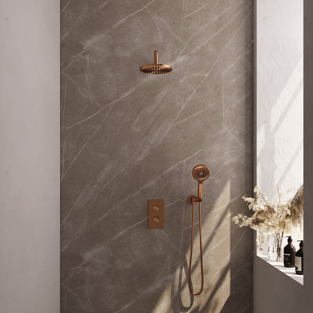 BRAUER Copper Edition thermostatische inbouw regendouche 3-weg omstelling SET 33 met 20 cm douchekop en gebogen muurarm en 3-standen handdouche en doucheslang en wandaansluitbocht koper geborsteld PVD