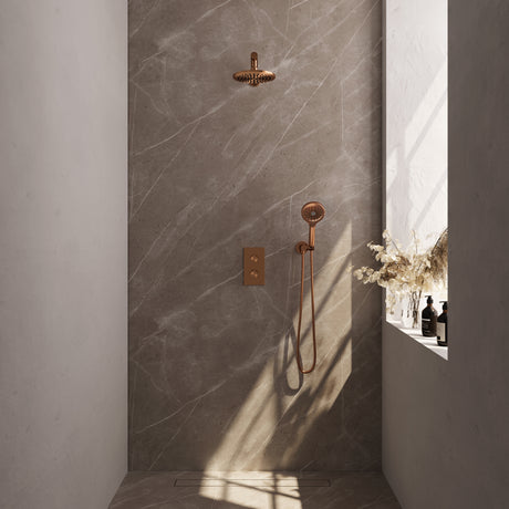 BRAUER Copper Edition thermostatische inbouw regendouche 3-weg omstelling SET 31 met 20 cm douchekop en rechte muurarm en 3-standen handdouche en doucheslang en wandaansluitbocht koper geborsteld PVD