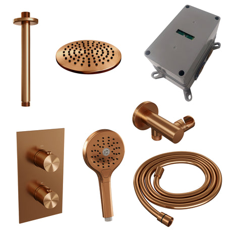 BRAUER Copper Edition thermostatische inbouw regendouche 3-weg omstelling SET 35 met 20 cm douchekop en plafondarm en 3-standen handdouche en doucheslang en wandaansluitbocht koper geborsteld PVD
