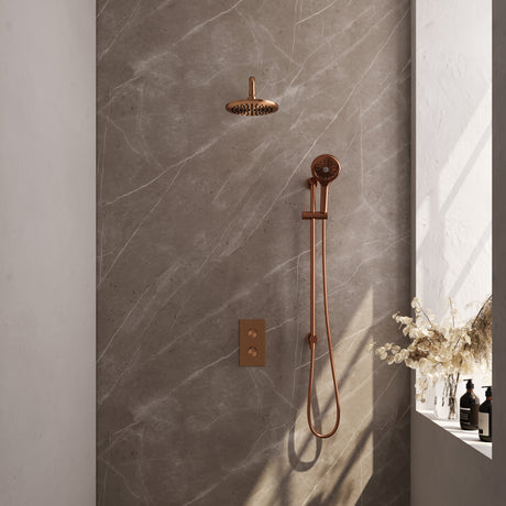 BRAUER Copper Edition thermostatische inbouw regendouche 3-weg omstelling SET 45 met 20 cm douchekop en gebogen muurarm en 3-standen handdouche en doucheslang en geïntegreerde glijstang koper geborsteld PVD