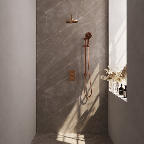 BRAUER Copper Edition thermostatische inbouw regendouche 3-weg omstelling SET 45 met 20 cm douchekop en gebogen muurarm en 3-standen handdouche en doucheslang en geïntegreerde glijstang koper geborsteld PVD