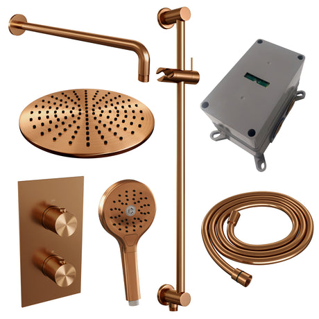 BRAUER Copper Edition thermostatische inbouw regendouche 3-weg omstelling SET 46 met 30 cm douchekop en gebogen muurarm en 3-standen handdouche en doucheslang en geïntegreerde glijstang koper geborsteld PVD