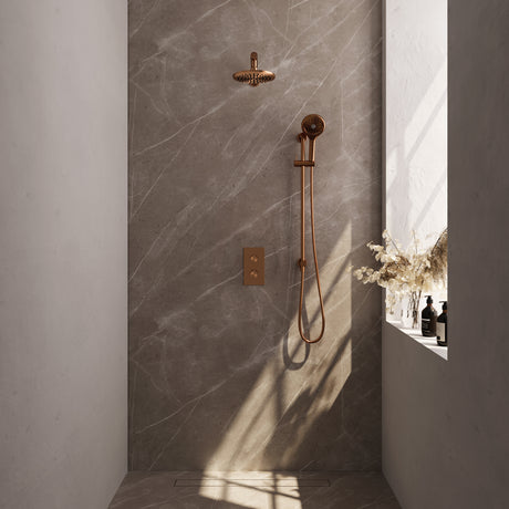 BRAUER Copper Edition thermostatische inbouw regendouche 3-weg omstelling SET 43 met 20 cm douchekop en rechte muurarm en 3-standen handdouche en doucheslang en geïntegreerde glijstang koper geborsteld PVD