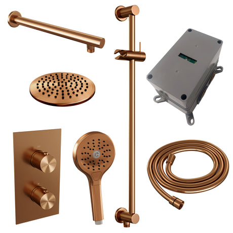 BRAUER Copper Edition thermostatische inbouw regendouche 3-weg omstelling SET 43 met 20 cm douchekop en rechte muurarm en 3-standen handdouche en doucheslang en geïntegreerde glijstang koper geborsteld PVD