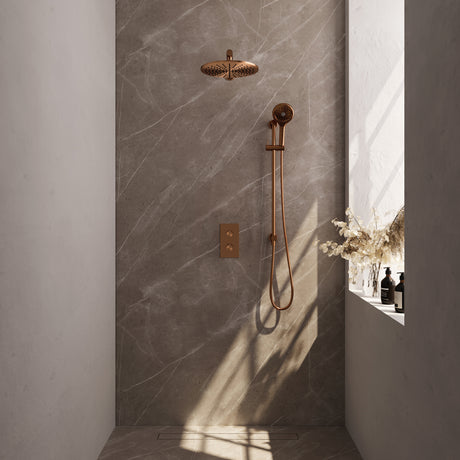 BRAUER Copper Edition thermostatische inbouw regendouche 3-weg omstelling SET 44 met 30 cm douchekop en rechte muurarm en 3-standen handdouche en doucheslang en geïntegreerde glijstang koper geborsteld PVD