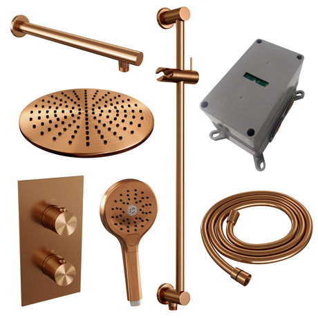 BRAUER Copper Edition thermostatische inbouw regendouche 3-weg omstelling SET 44 met 30 cm douchekop en rechte muurarm en 3-standen handdouche en doucheslang en geïntegreerde glijstang koper geborsteld PVD