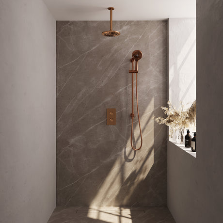 BRAUER Copper Edition thermostatische inbouw regendouche 3-weg omstelling SET 47 met 20 cm douchekop en plafondarm en 3-standen handdouche en doucheslang en geïntegreerde glijstang koper geborsteld PVD