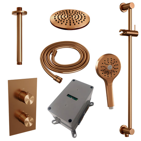 BRAUER Copper Edition thermostatische inbouw regendouche 3-weg omstelling SET 47 met 20 cm douchekop en plafondarm en 3-standen handdouche en doucheslang en geïntegreerde glijstang koper geborsteld PVD