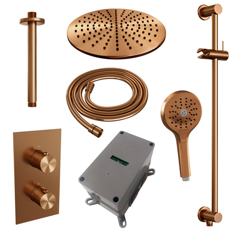BRAUER Copper Edition thermostatische inbouw regendouche 3-weg omstelling SET 48 met 30 cm douchekop en plafondarm en 3-standen handdouche en doucheslang en geïntegreerde glijstang koper geborsteld PVD