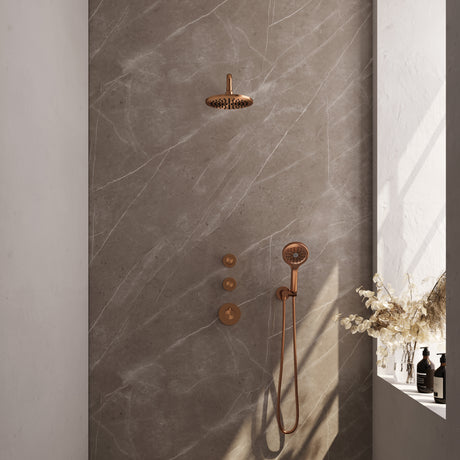 BRAUER Copper Edition thermostatische inbouw regendouche SET 09 met 20 cm douchekop en gebogen muurarm en 3-standen handdouche en doucheslang en wandaansluitbocht koper geborsteld PVD