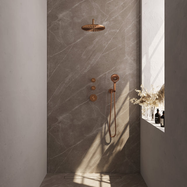 BRAUER Copper Edition thermostatische inbouw regendouche SET 10 met 30 cm douchekop en gebogen muurarm en 3-standen handdouche en doucheslang en wandaansluitbocht koper geborsteld PVD