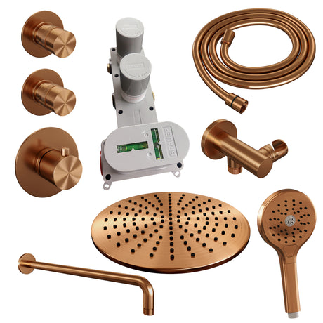 BRAUER Copper Edition thermostatische inbouw regendouche SET 10 met 30 cm douchekop en gebogen muurarm en 3-standen handdouche en doucheslang en wandaansluitbocht koper geborsteld PVD