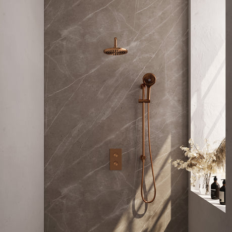 BRAUER Copper Edition thermostatische inbouw regendouche SET 21 met 20 cm douchekop en gebogen muurarm en 3-standen handdouche en doucheslang en geïntegreerde glijstang koper geborsteld PVD