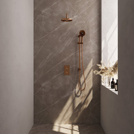 BRAUER Copper Edition thermostatische inbouw regendouche SET 21 met 20 cm douchekop en gebogen muurarm en 3-standen handdouche en doucheslang en geïntegreerde glijstang koper geborsteld PVD