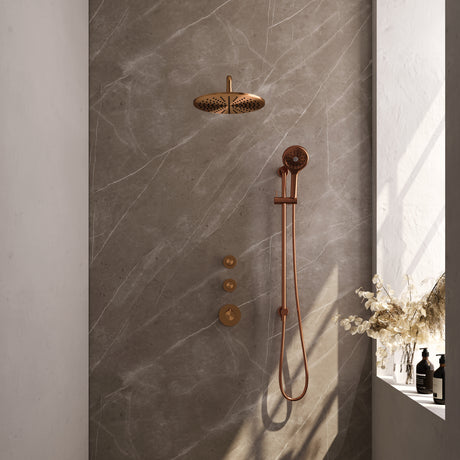 BRAUER Copper Edition thermostatische inbouw regendouche SET 22 met 30 cm douchekop en gebogen muurarm en 3-standen handdouche en doucheslang en geïntegreerde glijstang koper geborsteld PVD