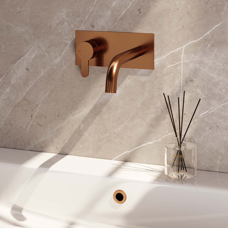 BRAUER Copper Edition inbouw wastafelmengkraan met gebogen uitloop en afdekplaat model D2 koper geborsteld PVD