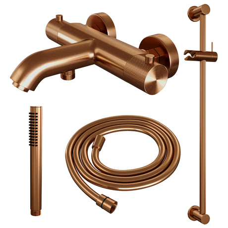 BRAUER Copper Carving opbouw baddouche thermostaatkraan SET 01 met glijstang en staaf handdouche en doucheslang koper geborsteld PVD 5-GK-085-1