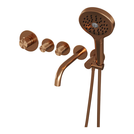 BRAUER Copper Carving thermostatische inbouw badkraan SET 02 met uitloop en 3-standen handdouche en doucheslang en wandaansluitbocht koper geborsteld PVD 5-GK-094