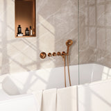 BRAUER Copper Carving thermostatische inbouw badkraan SET 02 met uitloop en 3-standen handdouche en doucheslang en wandaansluitbocht koper geborsteld PVD 5-GK-094