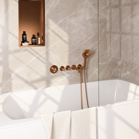 BRAUER Copper Carving thermostatische inbouw badkraan SET 02 met uitloop en 3-standen handdouche en doucheslang en wandaansluitbocht koper geborsteld PVD 5-GK-094