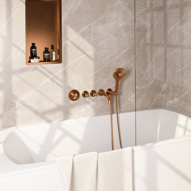 BRAUER Copper Carving thermostatische inbouw badkraan SET 02 met uitloop en 3-standen handdouche en doucheslang en wandaansluitbocht koper geborsteld PVD 5-GK-094
