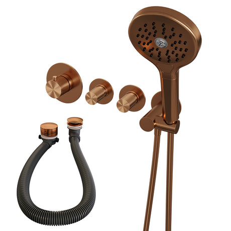 BRAUER Copper Carving thermostatische inbouw badkraan SET 02 met badvulcombinatie en 3-standen handdouche en doucheslang en wandaansluitbocht koper geborsteld PVD 5-GK-096