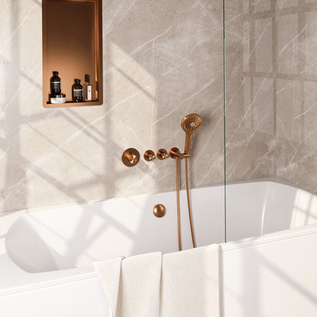 BRAUER Copper Carving thermostatische inbouw badkraan SET 02 met badvulcombinatie en 3-standen handdouche en doucheslang en wandaansluitbocht koper geborsteld PVD 5-GK-096