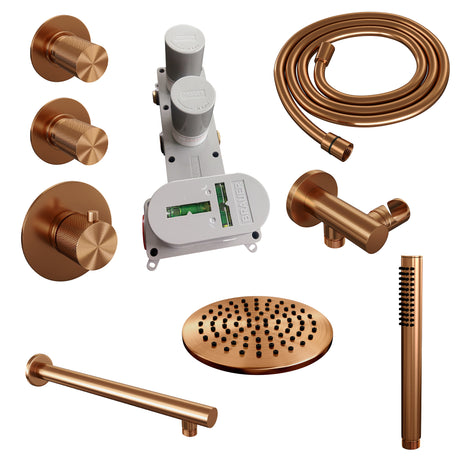 BRAUER Copper Carving thermostatische inbouw regendouche SET 01 met 20 cm douchekop en rechte muurarm en staaf handdouche en doucheslang en wandaansluitbocht koper geborsteld PVD 5-GK-097