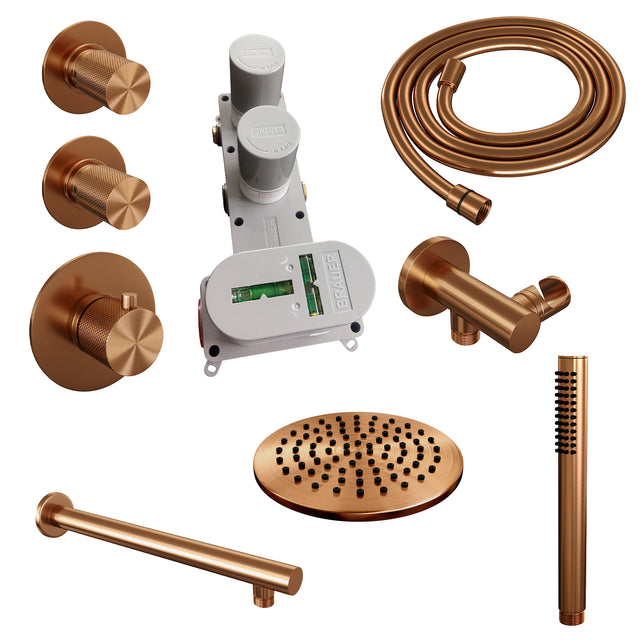 BRAUER Copper Carving thermostatische inbouw regendouche SET 01 met 20 cm douchekop en rechte muurarm en staaf handdouche en doucheslang en wandaansluitbocht koper geborsteld PVD 5-GK-097