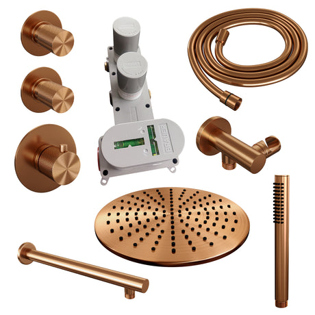 BRAUER Copper Carving thermostatische inbouw regendouche SET 02 met 30 cm douchekop en rechte muurarm en staaf handdouche en doucheslang en wandaansluitbocht koper geborsteld PVD 5-GK-098