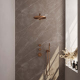 BRAUER Copper Carving thermostatische inbouw regendouche SET 02 met 30 cm douchekop en rechte muurarm en staaf handdouche en doucheslang en wandaansluitbocht koper geborsteld PVD 5-GK-098