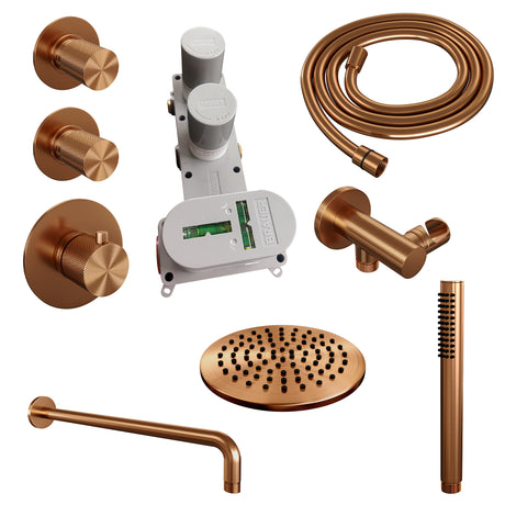 BRAUER Copper Carving thermostatische inbouw regendouche SET 03 met 20 cm douchekop en gebogen muurarm en staaf handdouche en doucheslang en wandaansluitbocht koper geborsteld PVD 5-GK-099