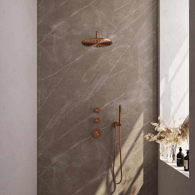 BRAUER Copper Carving thermostatische inbouw regendouche SET 04 met 30 cm douchekop en gebogen muurarm en staaf handdouche en doucheslang en wandaansluitbocht koper geborsteld PVD 5-GK-100