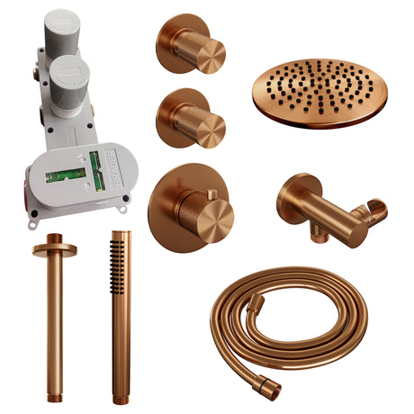BRAUER Copper Carving thermostatische inbouw regendouche SET 05 met 20 cm douchekop en plafondarm en staaf handdouche en doucheslang en wandaansluitbocht koper geborsteld PVD 5-GK-101