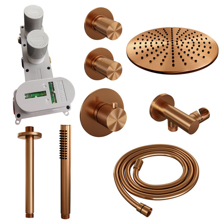 BRAUER Copper Carving thermostatische inbouw regendouche SET 06 met 30 cm douchekop en plafondarm en staaf handdouche en doucheslang en wandaansluitbocht koper geborsteld PVD 5-GK-102