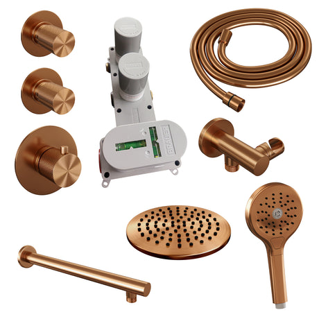 BRAUER Copper Carving thermostatische inbouw regendouche SET 07 met 20 cm douchekop en rechte muurarm en 3-standen handdouche en doucheslang en wandaansluitbocht koper geborsteld PVD 5-GK-103