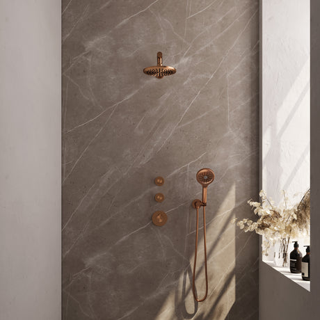 BRAUER Copper Carving thermostatische inbouw regendouche SET 07 met 20 cm douchekop en rechte muurarm en 3-standen handdouche en doucheslang en wandaansluitbocht koper geborsteld PVD 5-GK-103