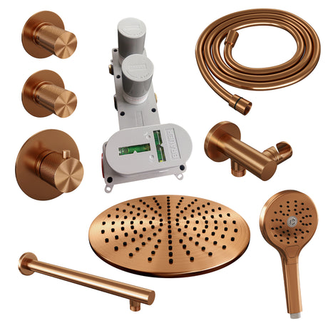 BRAUER Copper Carving thermostatische inbouw regendouche SET 08 met 30 cm douchekop en rechte muurarm en 3-standen handdouche en doucheslang en wandaansluitbocht koper geborsteld PVD 5-GK-104